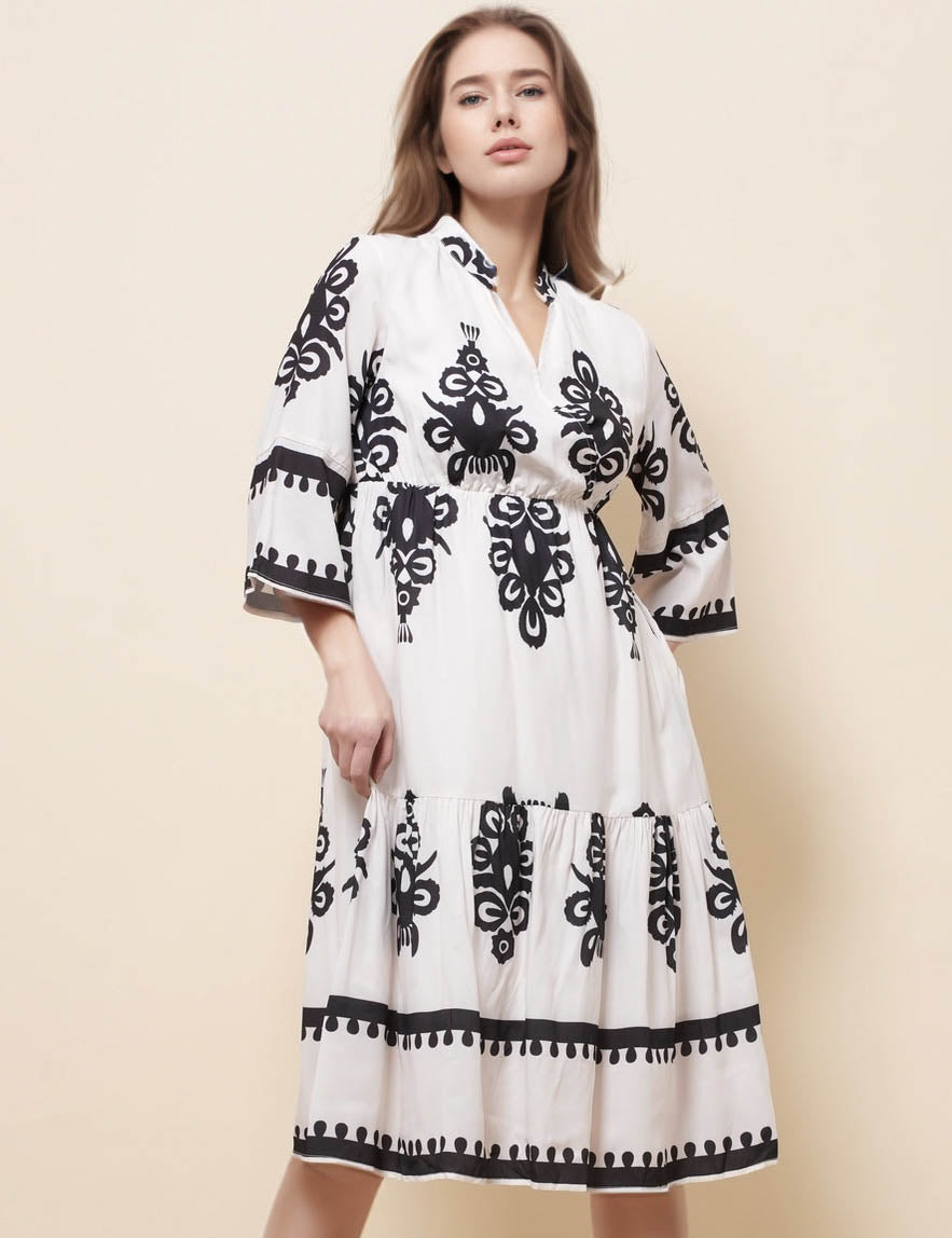 Ladies Floral Print V-Neck 3/4 Sleeves Mini Dress SKD51259
