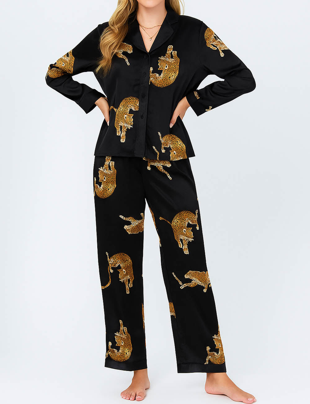 Ladies Animal Print Lounge Set Lapel Collar Shirt & Pants 2PCS Set