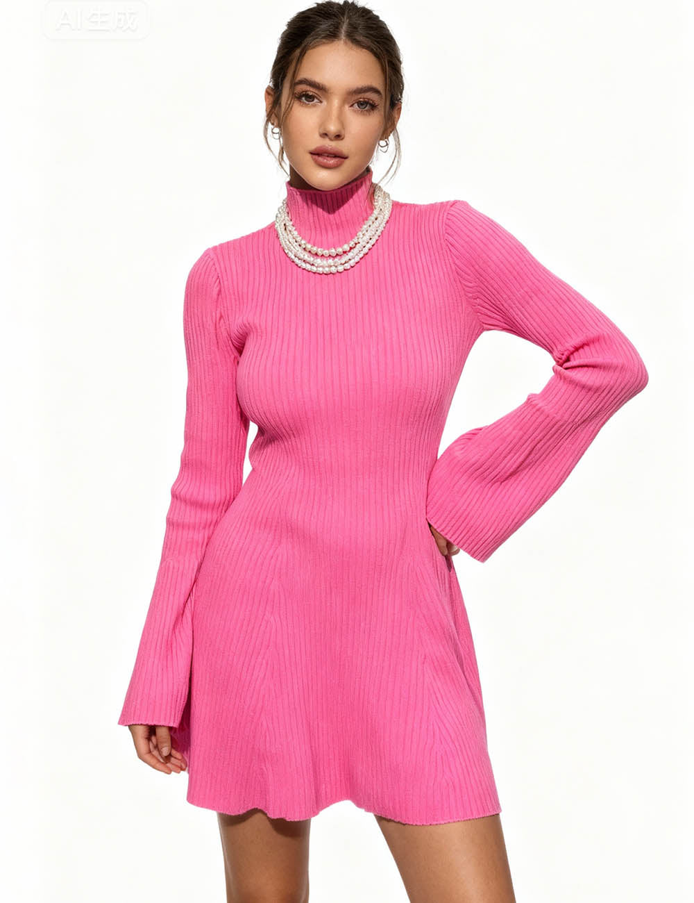Ladies Ribbed Knit Turtle Neck Flared Sleeves Mini Dress