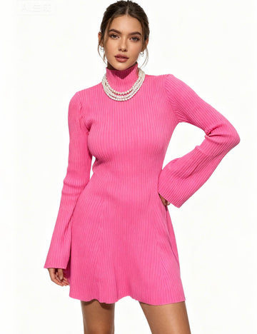 Ladies Ribbed Knit Turtle Neck Flared Sleeves Mini Dress