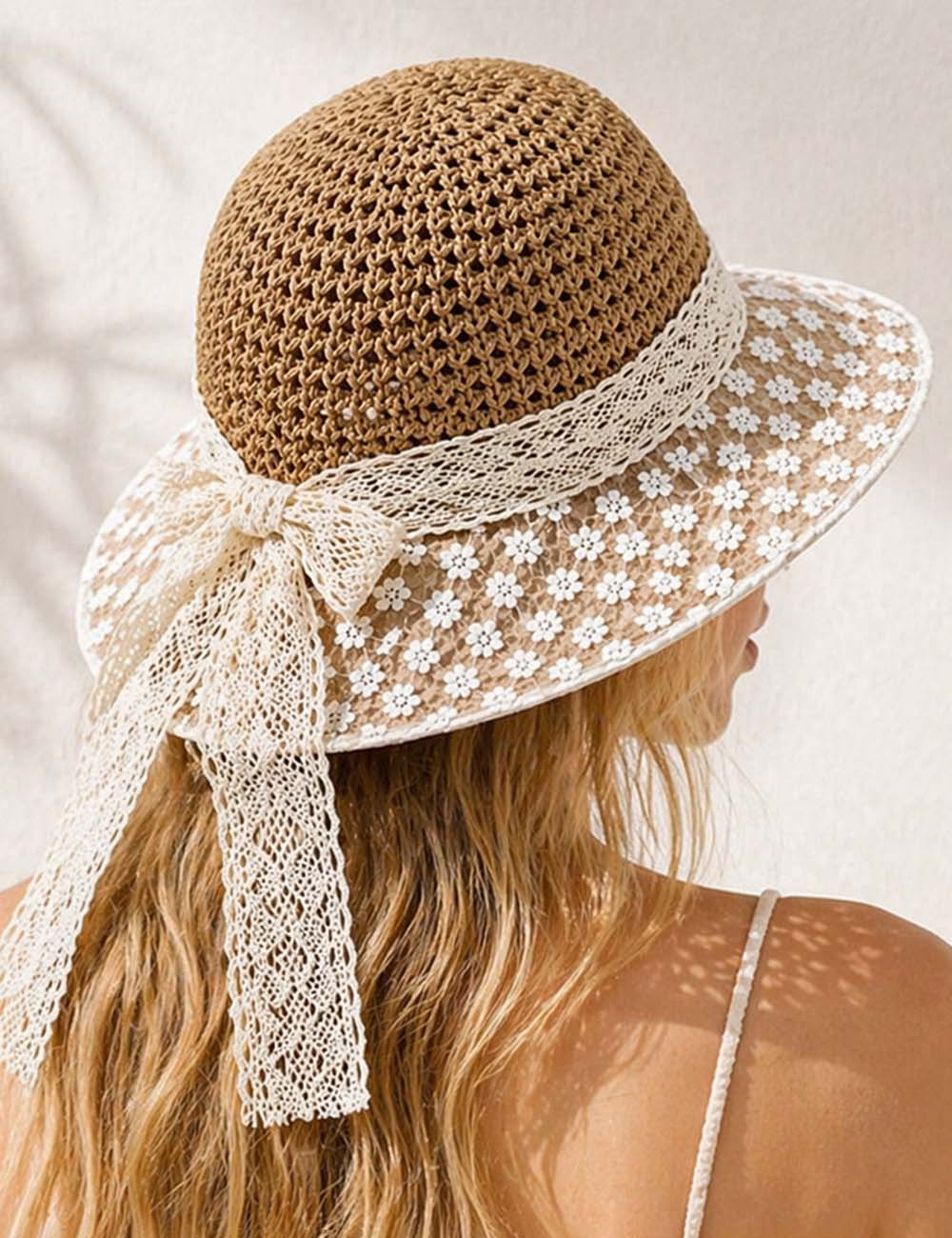 Ladies Boho Floral Lace Wide Brim Bow Straw Beach Hat