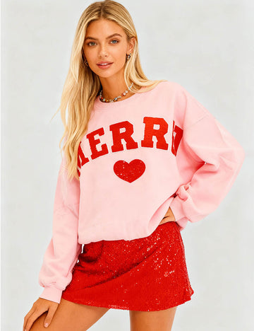 Ladies Christmas 2025 Merry Letter Love Sequin Sweatshirt