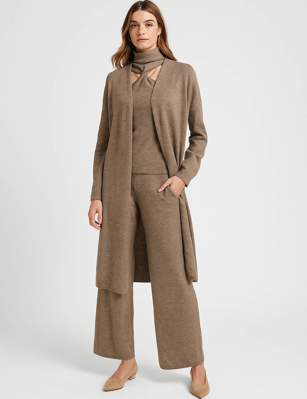 Ladies Solid Color Tie Front Sweater Knit Midi Dress & Cape Set