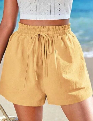 Ladies Solid Color Drawstring Pocket Shorts