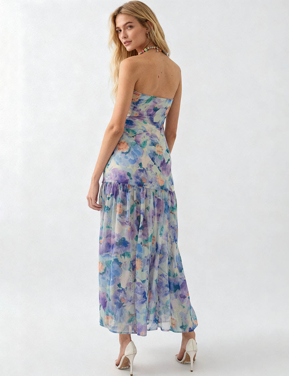 Ladies Strapless Watercolor Floral Chiffon Side Slit Maxi Dress