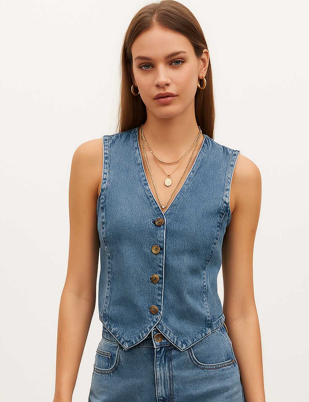 SWEETKAMA Denim Solid V-Neck Sleeveless Women Daily Vest B88464