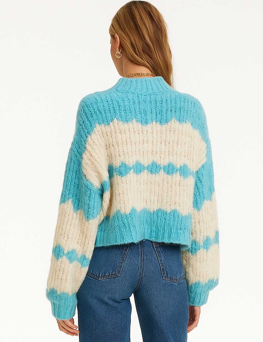 Ladies Chunky Knit Color Block V-Neck Button Front Cardigan