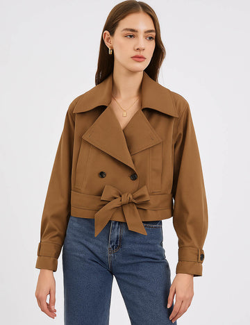 Ladies Lapel Collar Button Tie Bow Cropped Trench Jacket