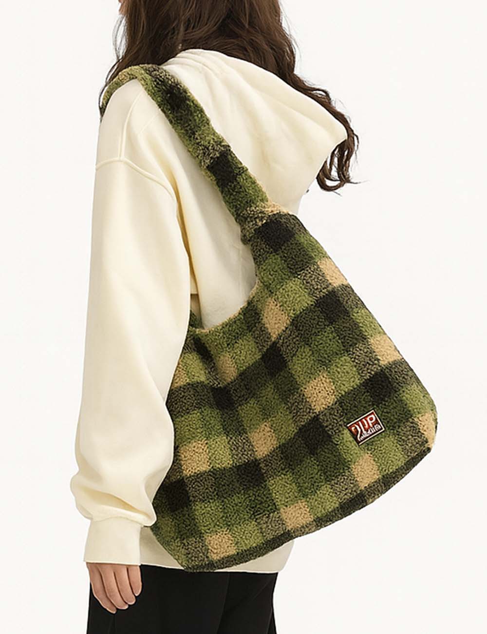 Ladies Sherpa Hanging Bag Plaid Pattern Shoulder Bag