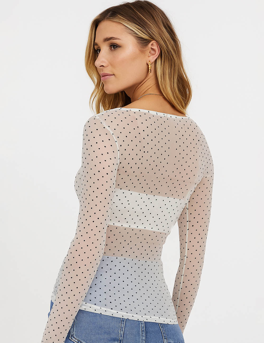 Ladies Polka Dot Layer See Sheer Long Sleeves Top