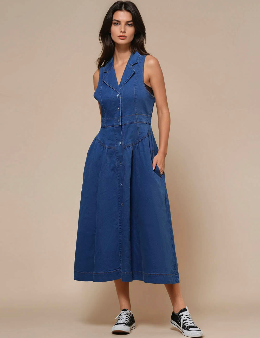 Ladies V-Neck Sleeveless Button Denim Midi Dress SKD50016