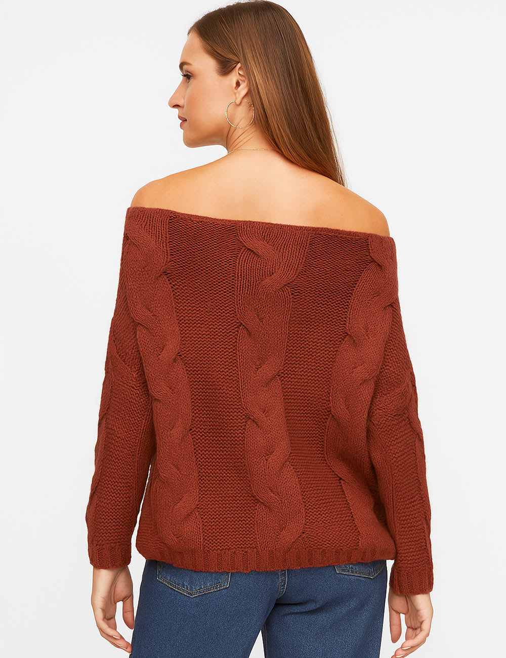 Ladies Cable Knit Off-Shoulder Lantern Sleeves Pullover Sweater