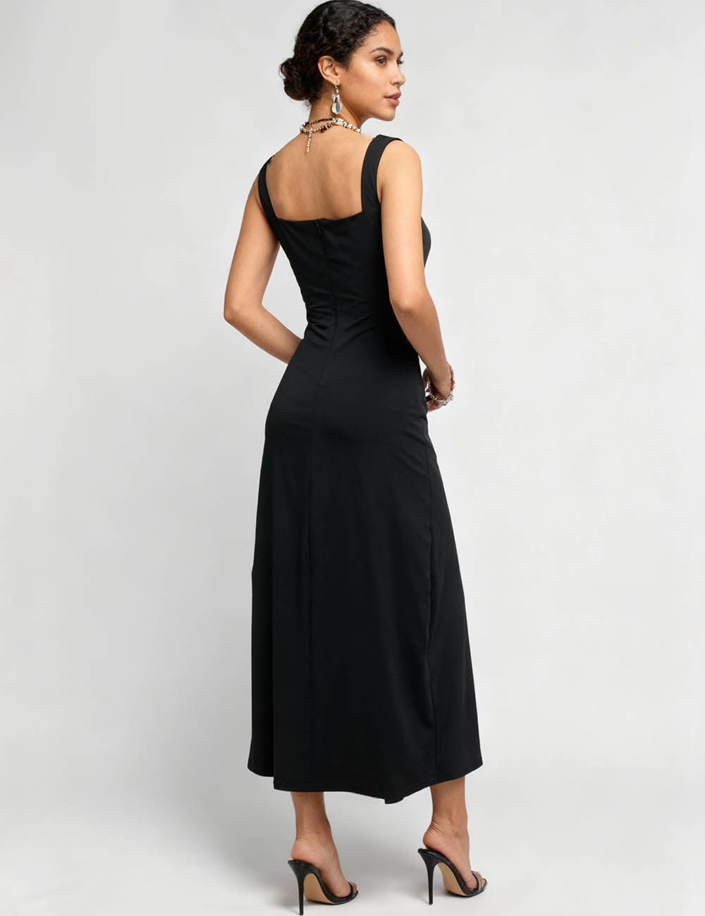 Ladies Square Neck Sleeveless Metal Buckle Split Maxi Dress