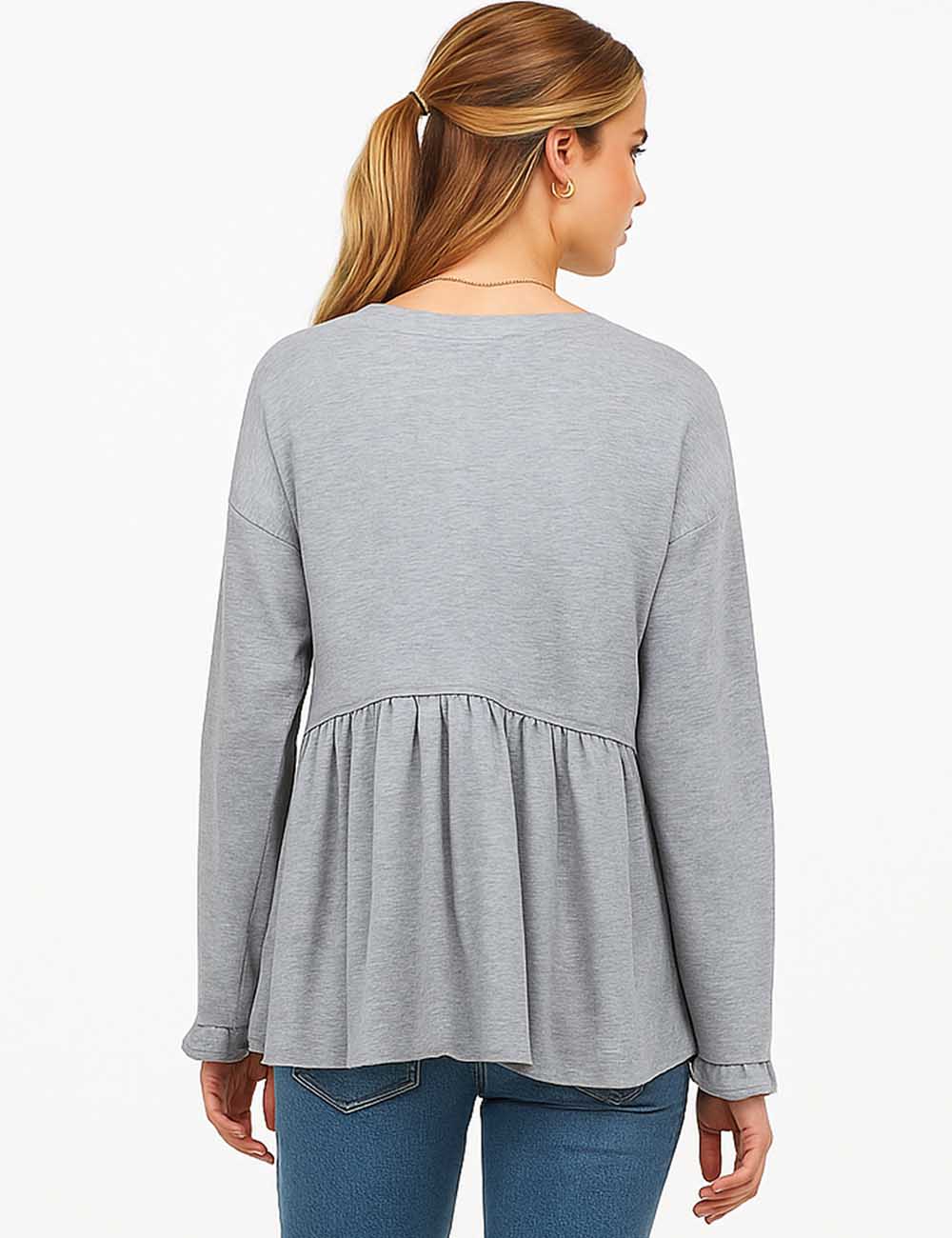 Ladies Solid Color Ruffle Pullover Long Sleeves Babydoll Top