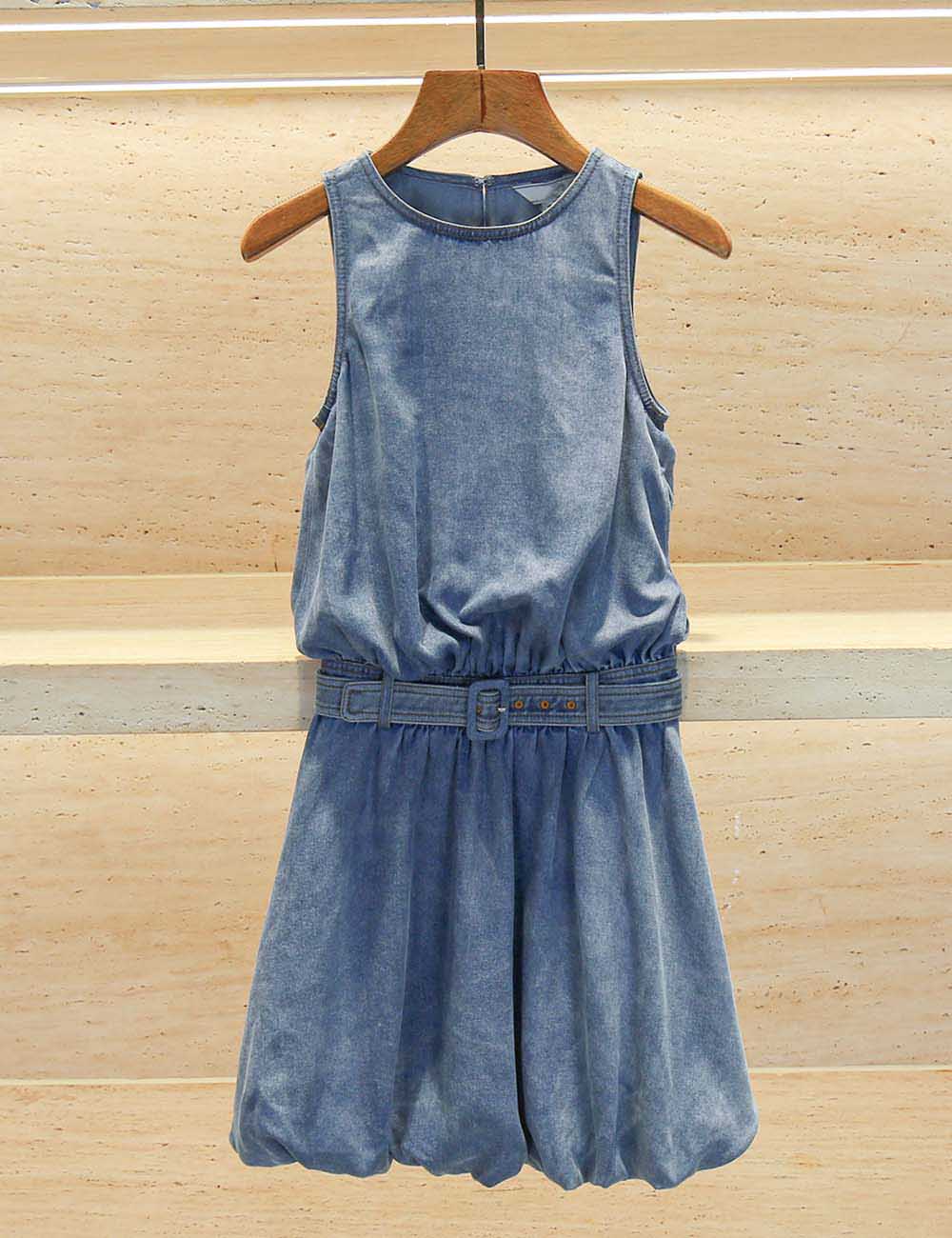 Ladies Round Neck Sleeveless Belt Mini Denim Dress