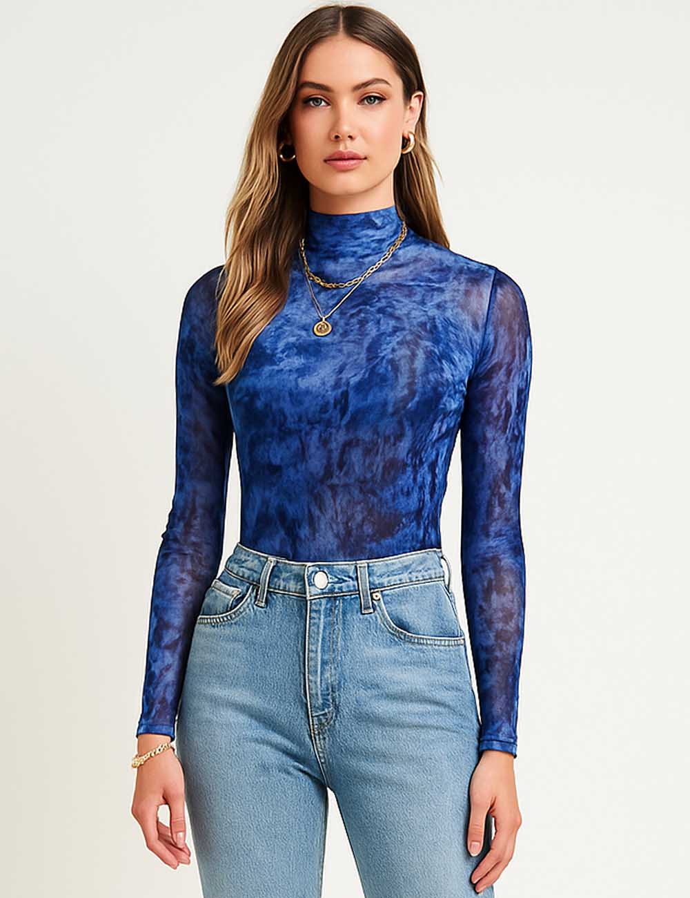 Women Inregular Print Mesh Layring Top See Sheer Blouse