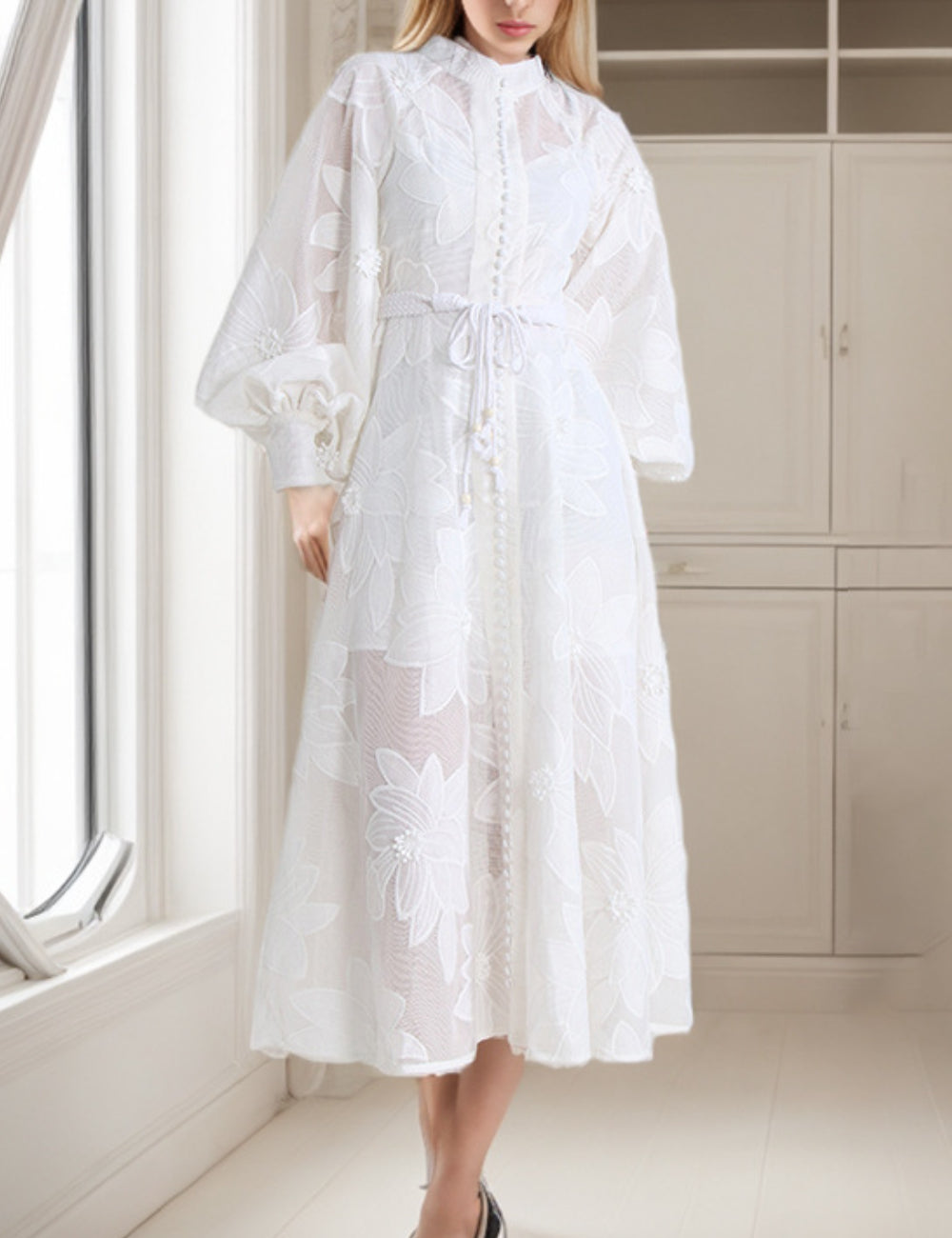 Z Ladies Elegant  Jacquard Floral White Midi Dress TDR640046
