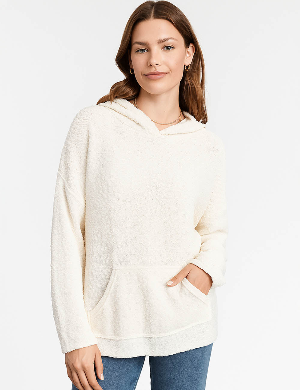 Ladies Solid Color See Sheer Dotted Knit Hooded Sweatshirt