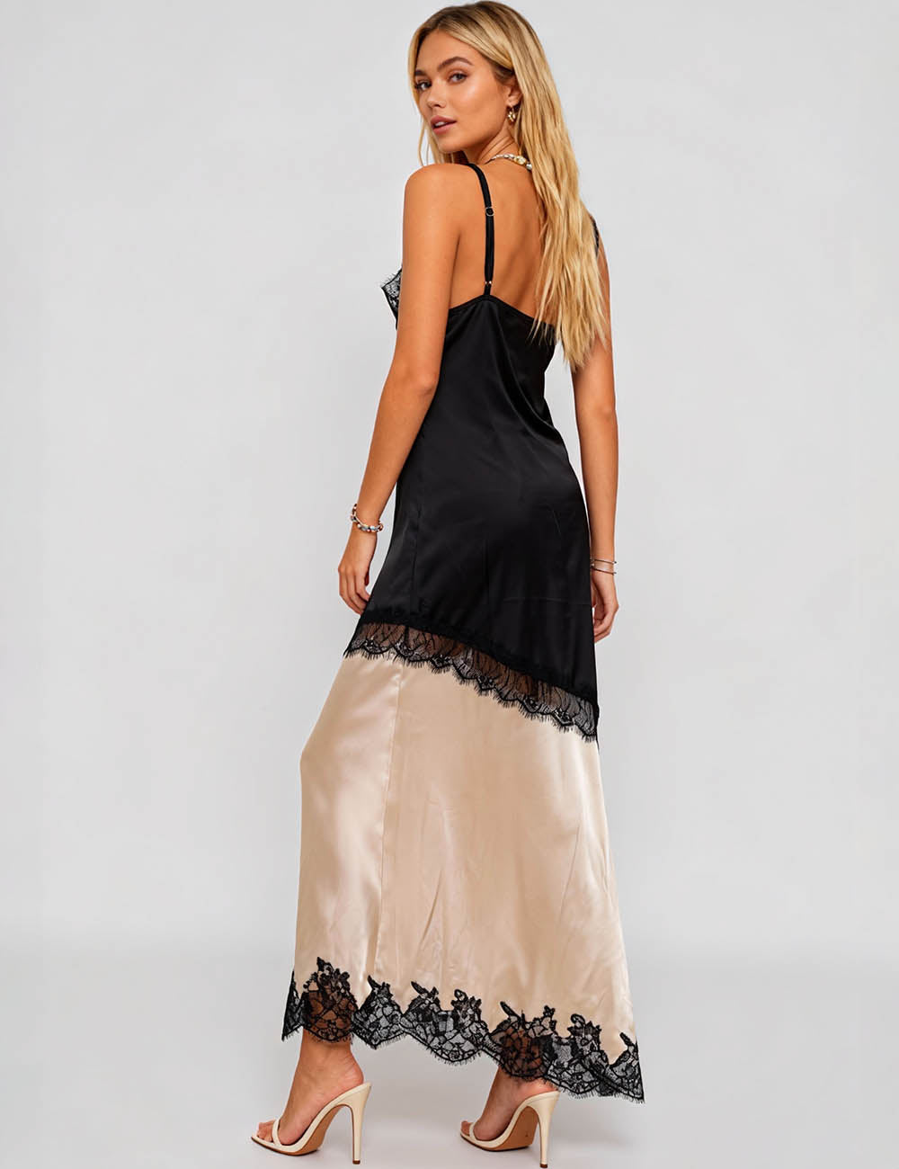 Ladies V-Neck Sleeveless Lace Splice Side Split Maxi Dress