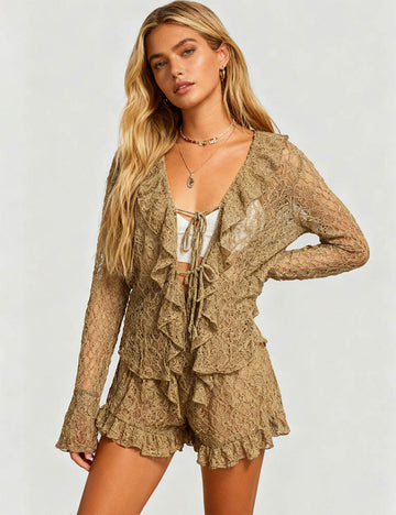 Ladies Wrinkle Sheer Lace Ruffle Tie Blouse & Shorts Set