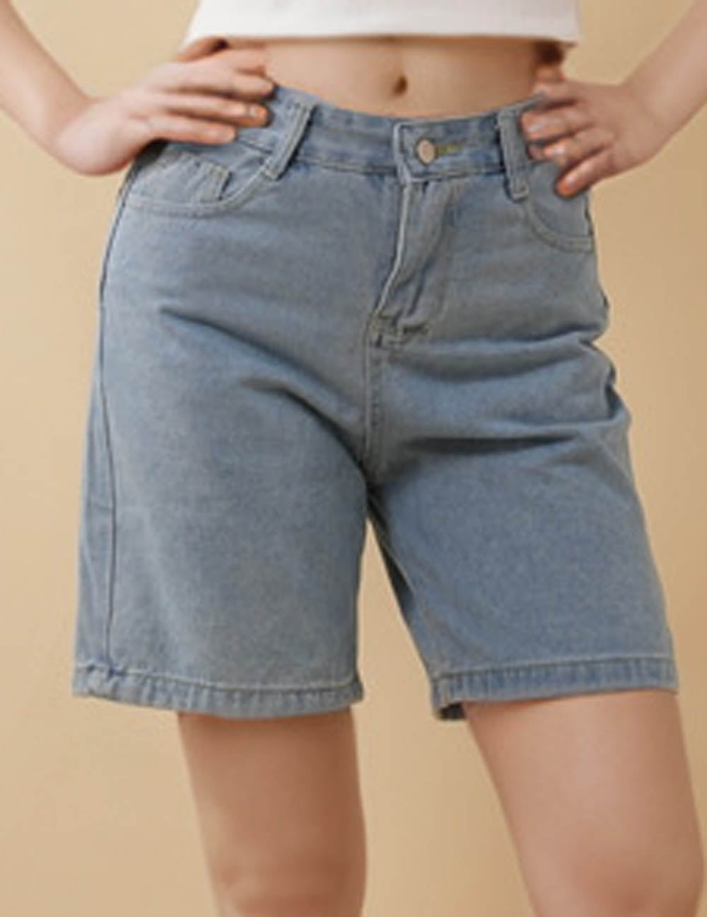 Ladies Button Pockets Straight Leg Denim Shorts