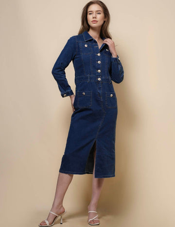 Ladies Turndown Neck Long Sleeves Denim Midi Dress SKD50037