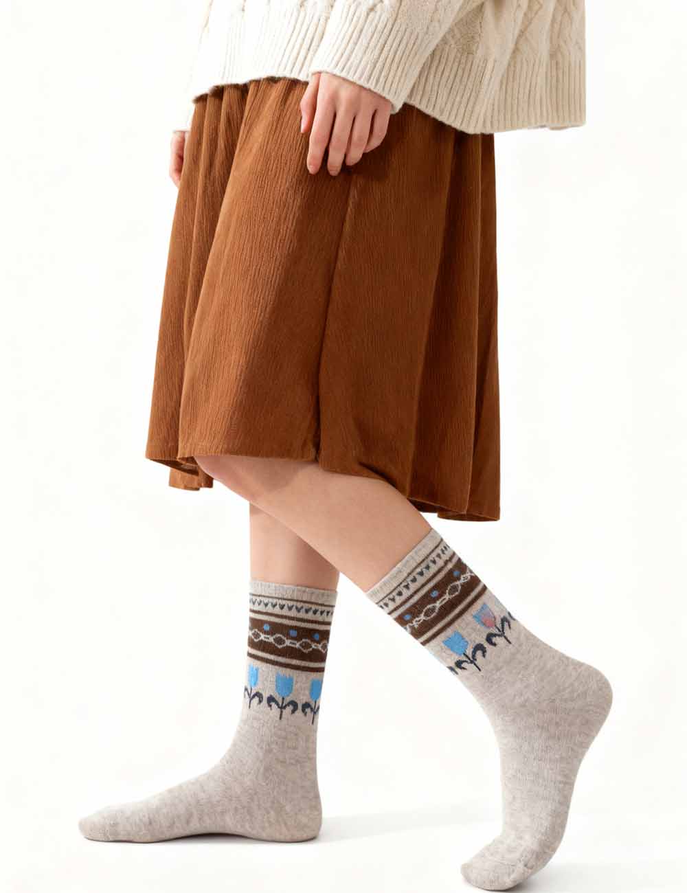 Ladies Warm Vintage Fair Isle Pattern Knit Midi Calf Socks