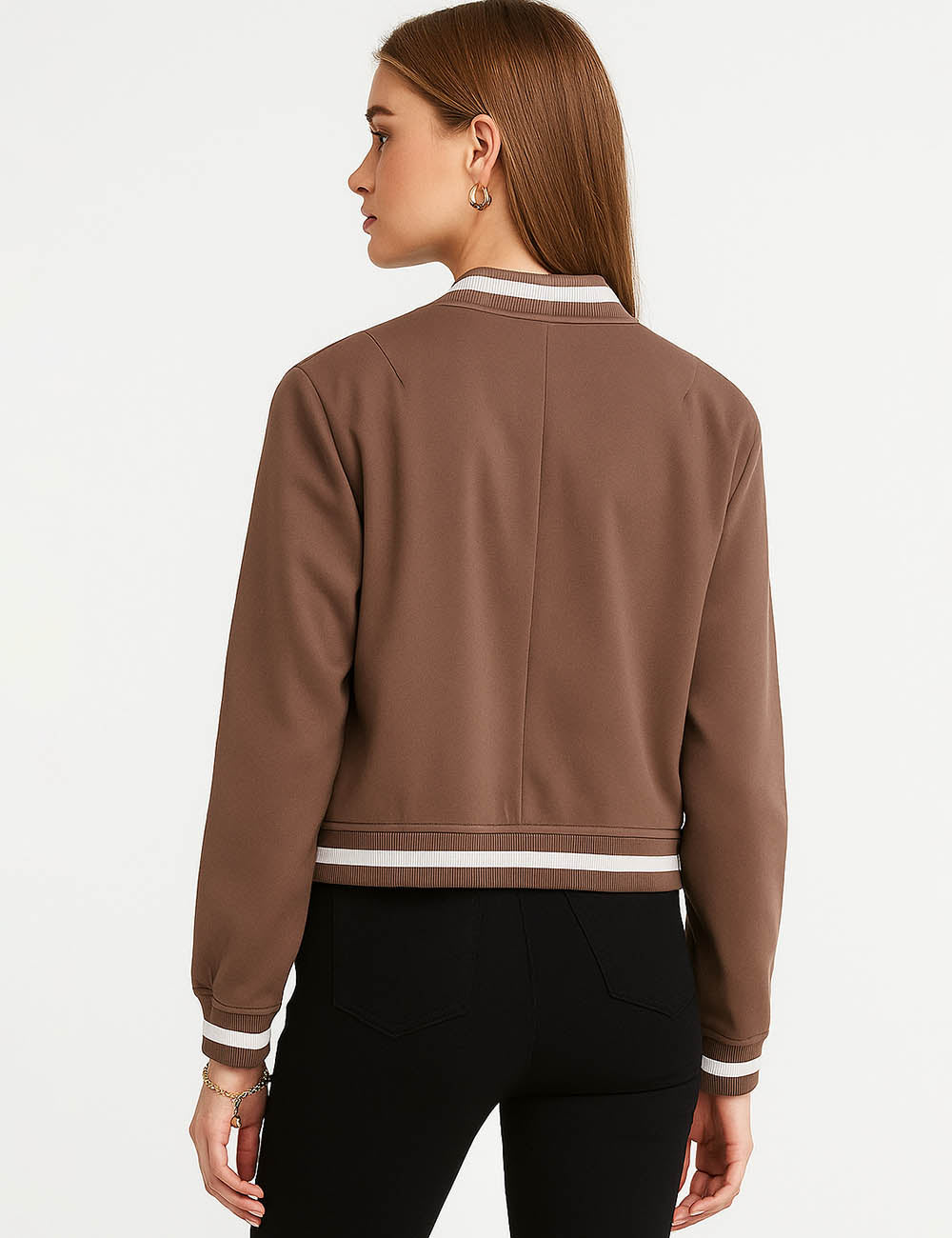 Ladies Color Block Baseball Collar Button Front Cropped Jacket