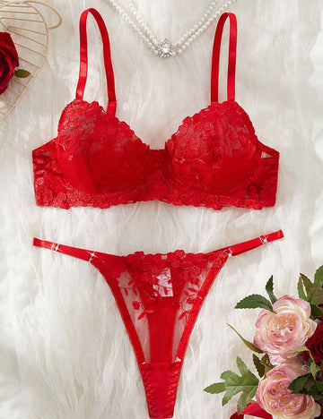 Ladies Sexy Solid Color Embroidery Sheer 2PCS Lingerie Set