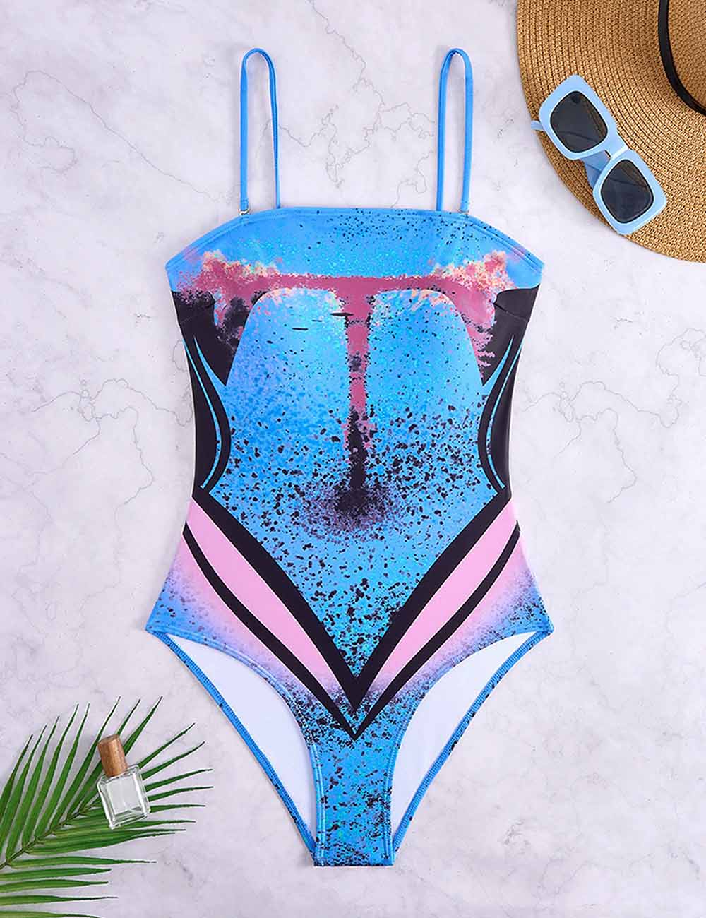 Ladies String Shoulder Print One Piece Swimwear with Salong
