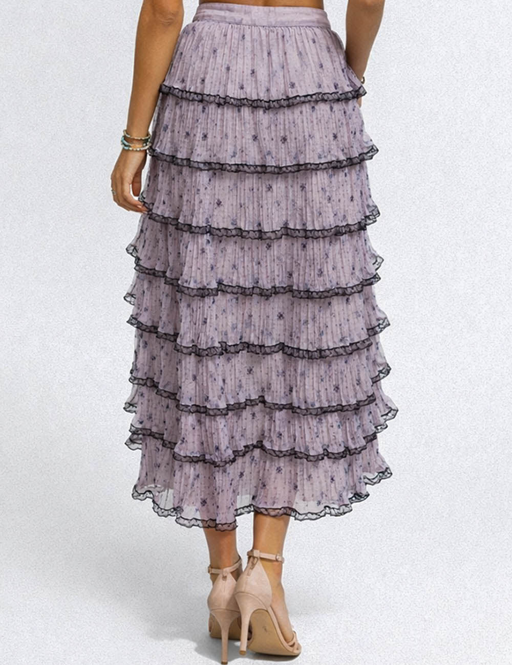 Ladies Color Block Tiered Ruffle Hem Mesh Maxi Skirt