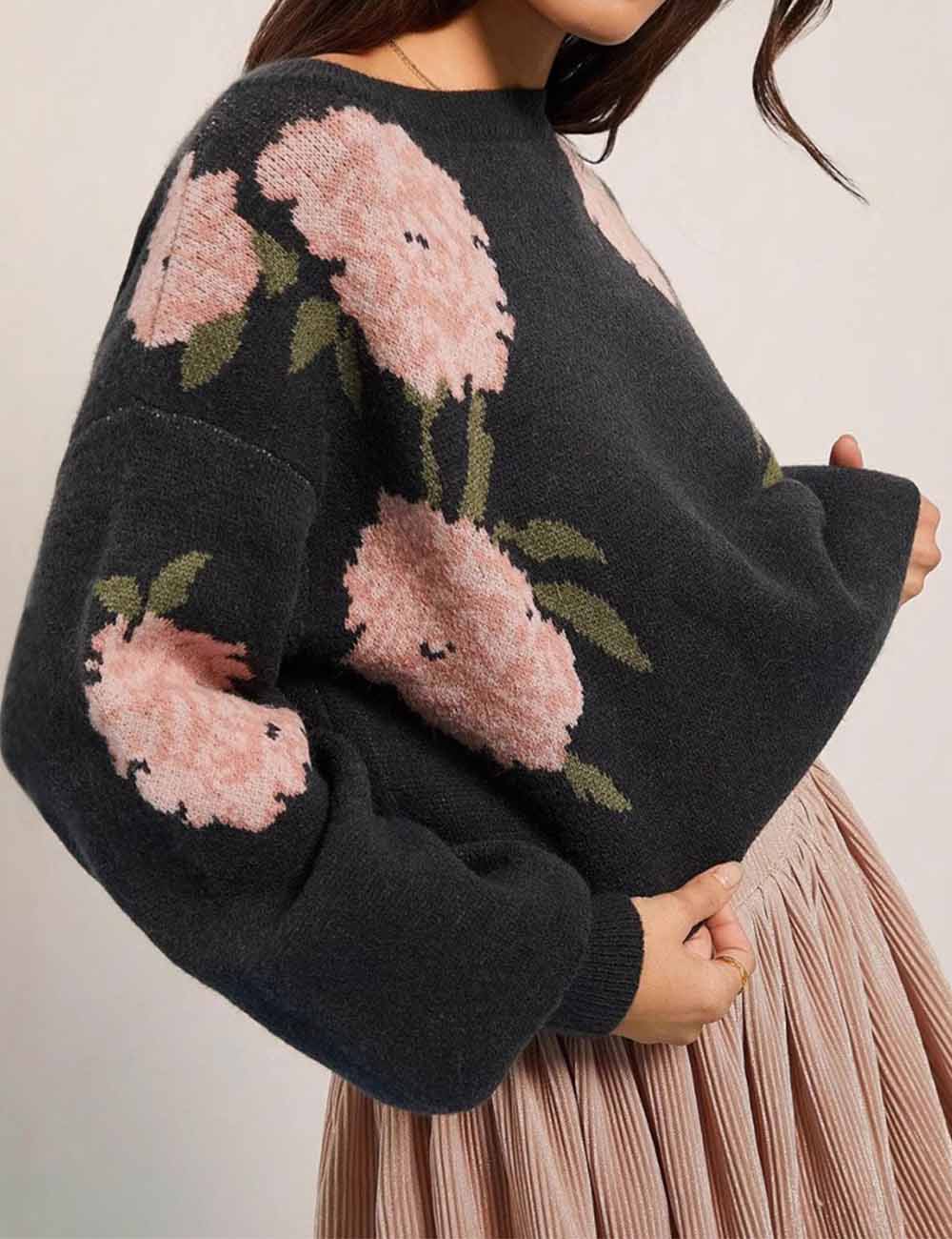 Ladies Round Neck Floral Pattern Lantern Sleeves Sweater
