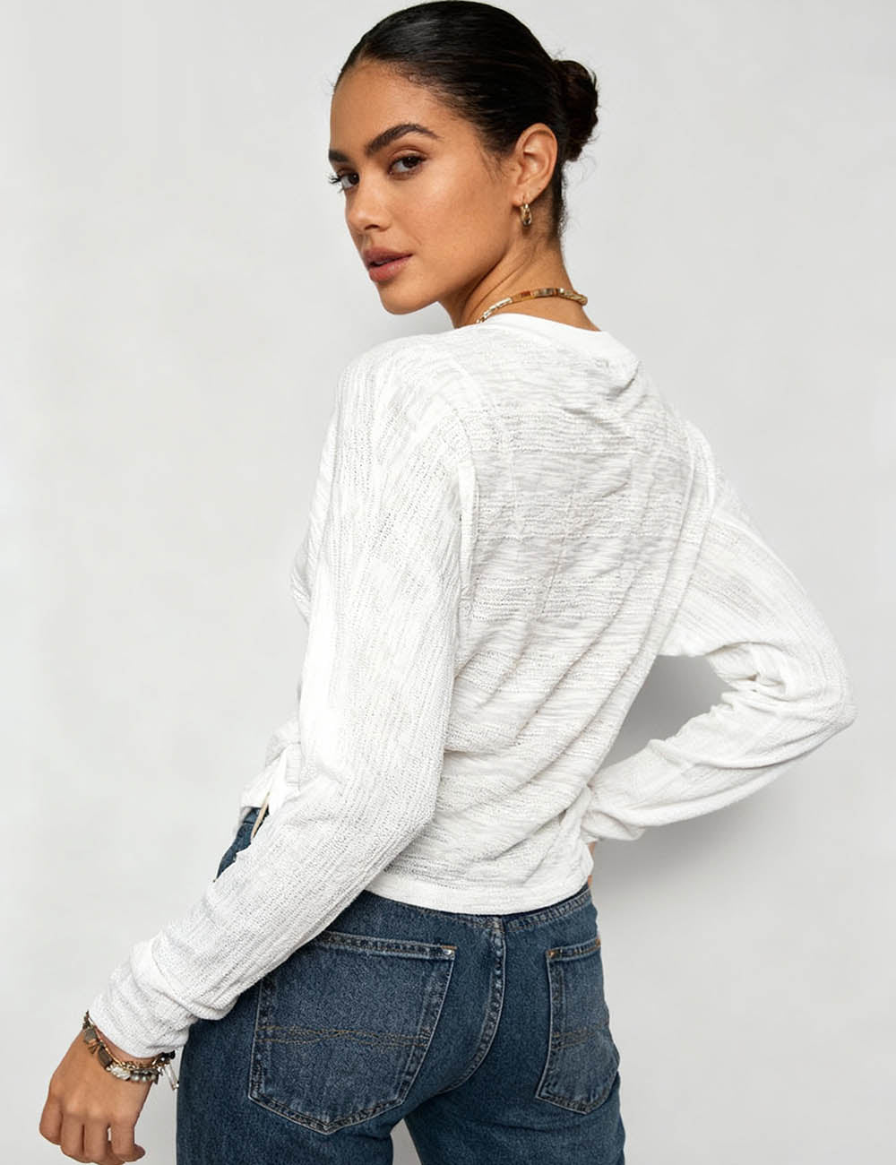 Ladies Embroidered Patch Crochet Trim Long Sleeves Top