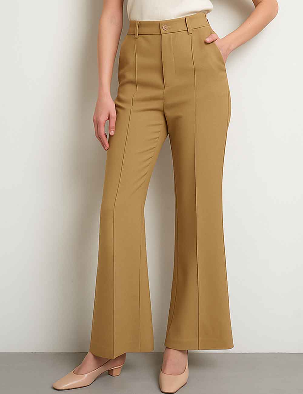 Ladies Solid Color Button Front Slight Bell Leg Trousers