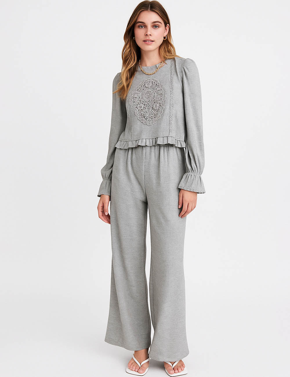 Ladies Lace Crochet Pattern Set Ruffle Top & Pants 2PCS Set