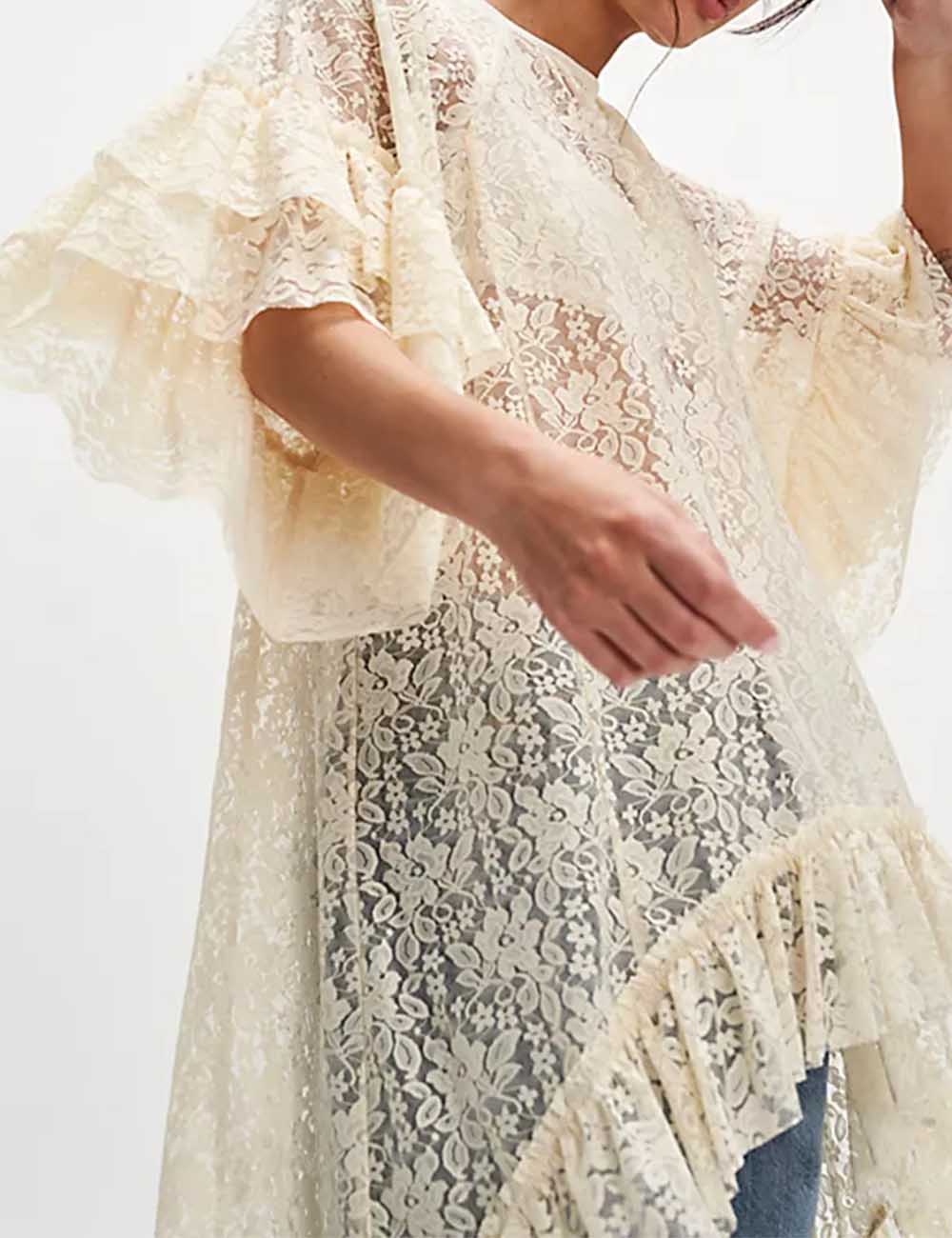 Ladies Floral Lace See Through Irregular Mid Sleeves Blouse