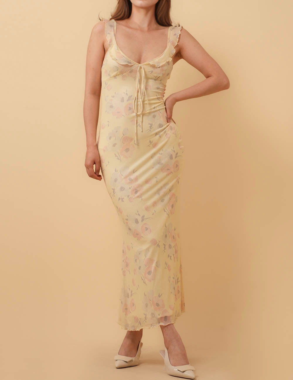 Ladies Floral Print V-Neck Ruffle Maxi Dress 8SKD51256