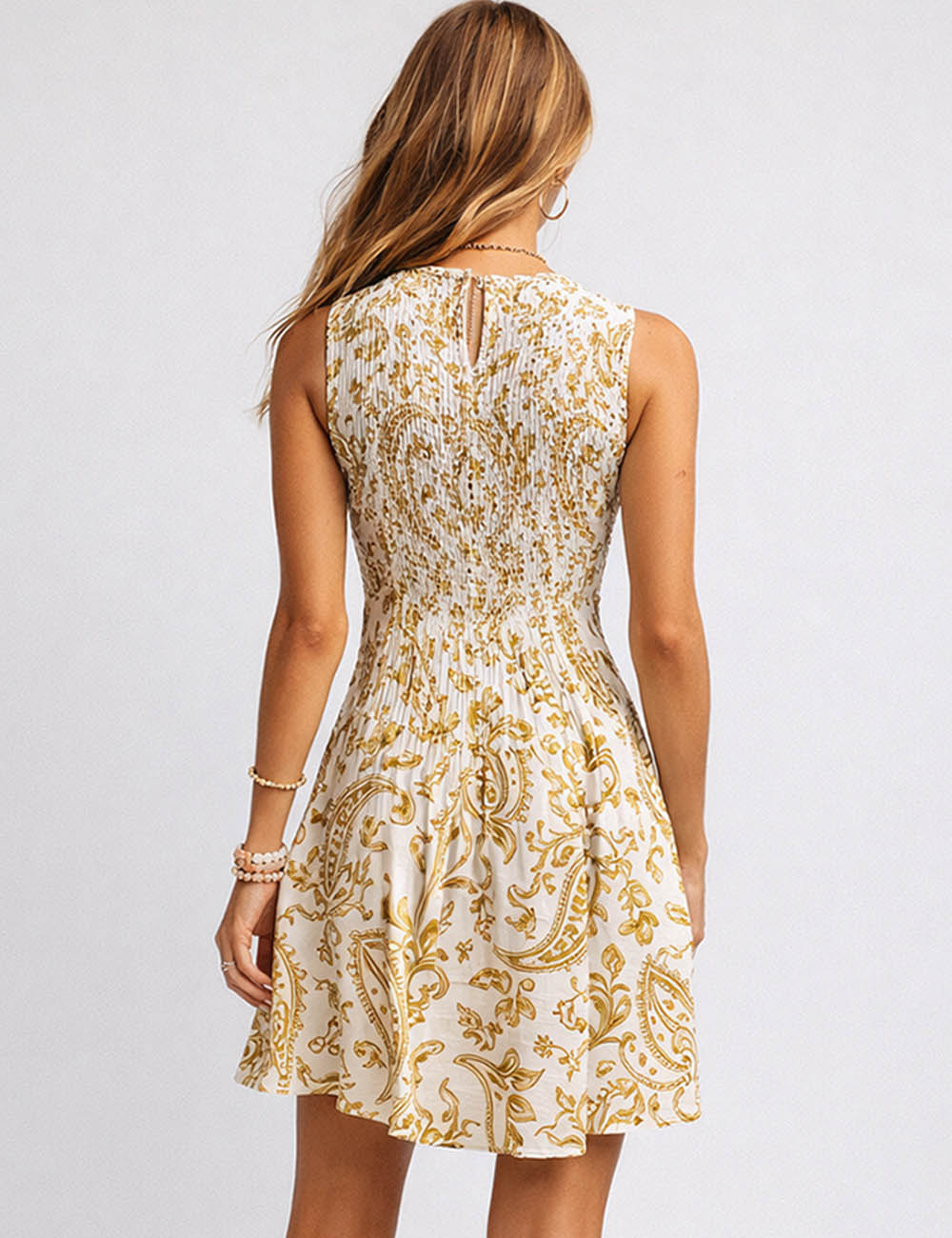 Ladies Boho Paisley Print Smocked Mini Dress