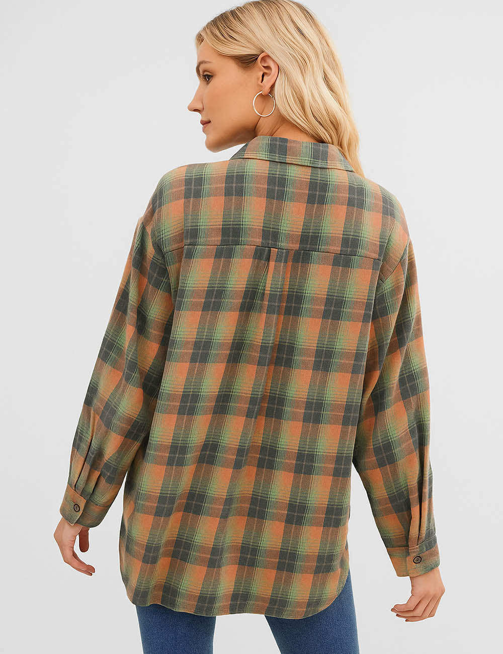 Ladies Plaid Print Button Down Long Sleeves Shirt