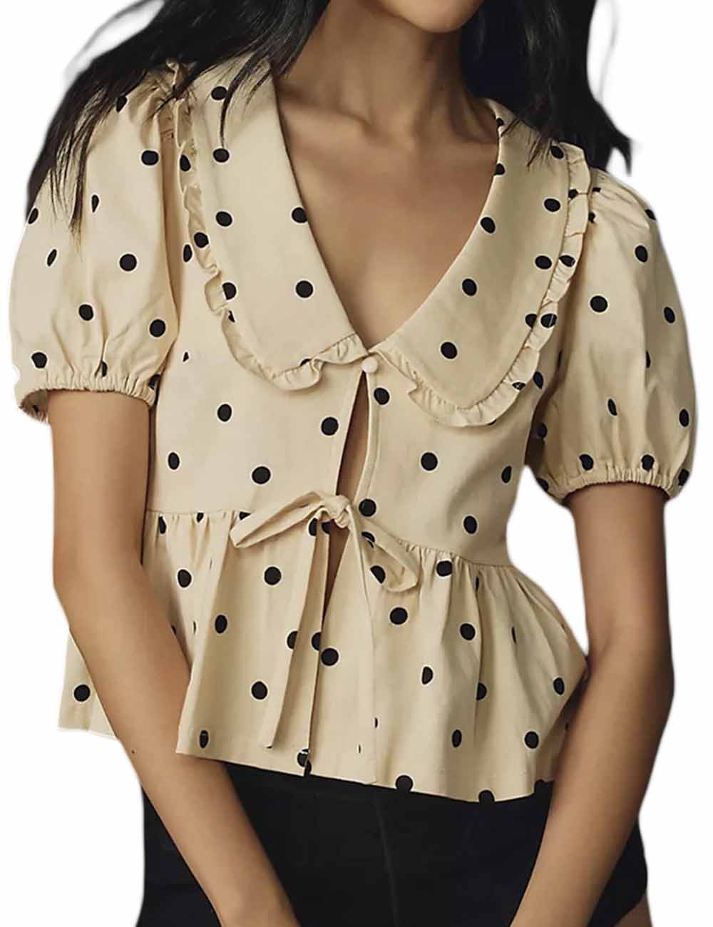 Ladies Doll Collar Puff Sleeves Polka Dot Top