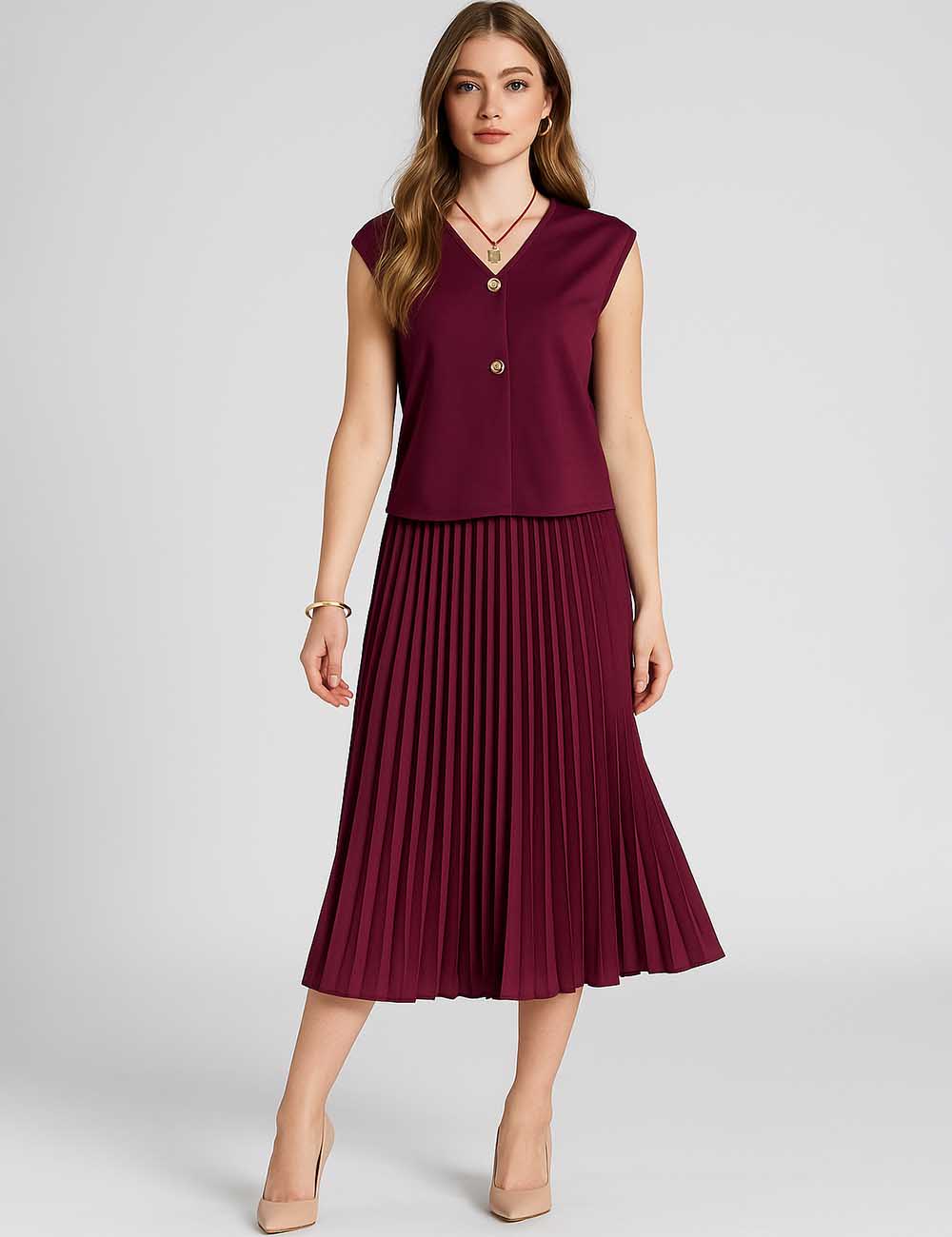 Ladies V-Neck Metal Button Knit Vest & Pleated Skirt 2PCS Set