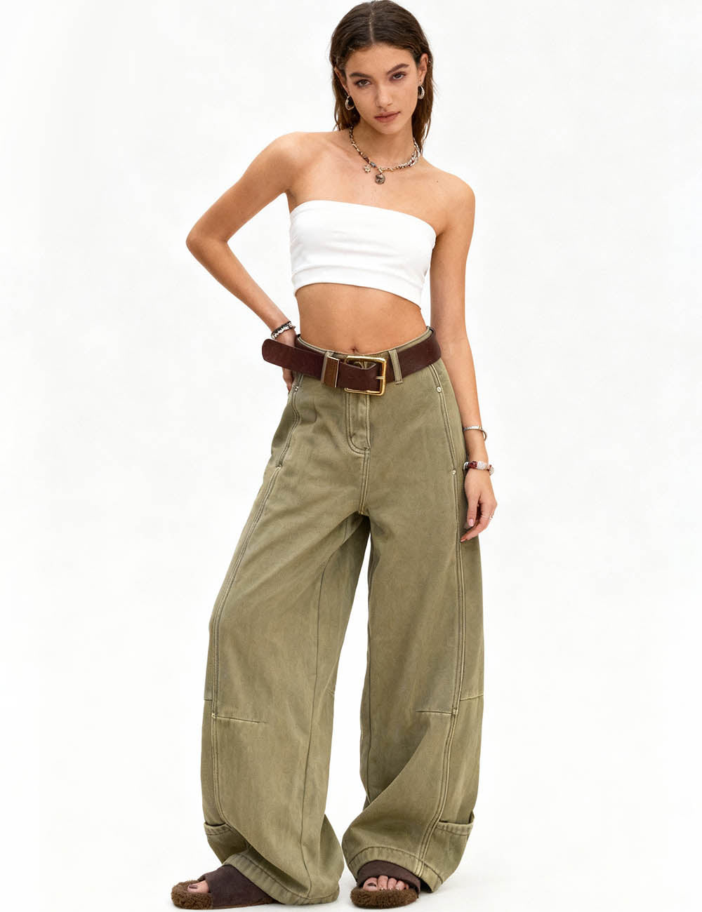 Ladies Fleece Lined Button Closure Barrel Leg Denim Pants