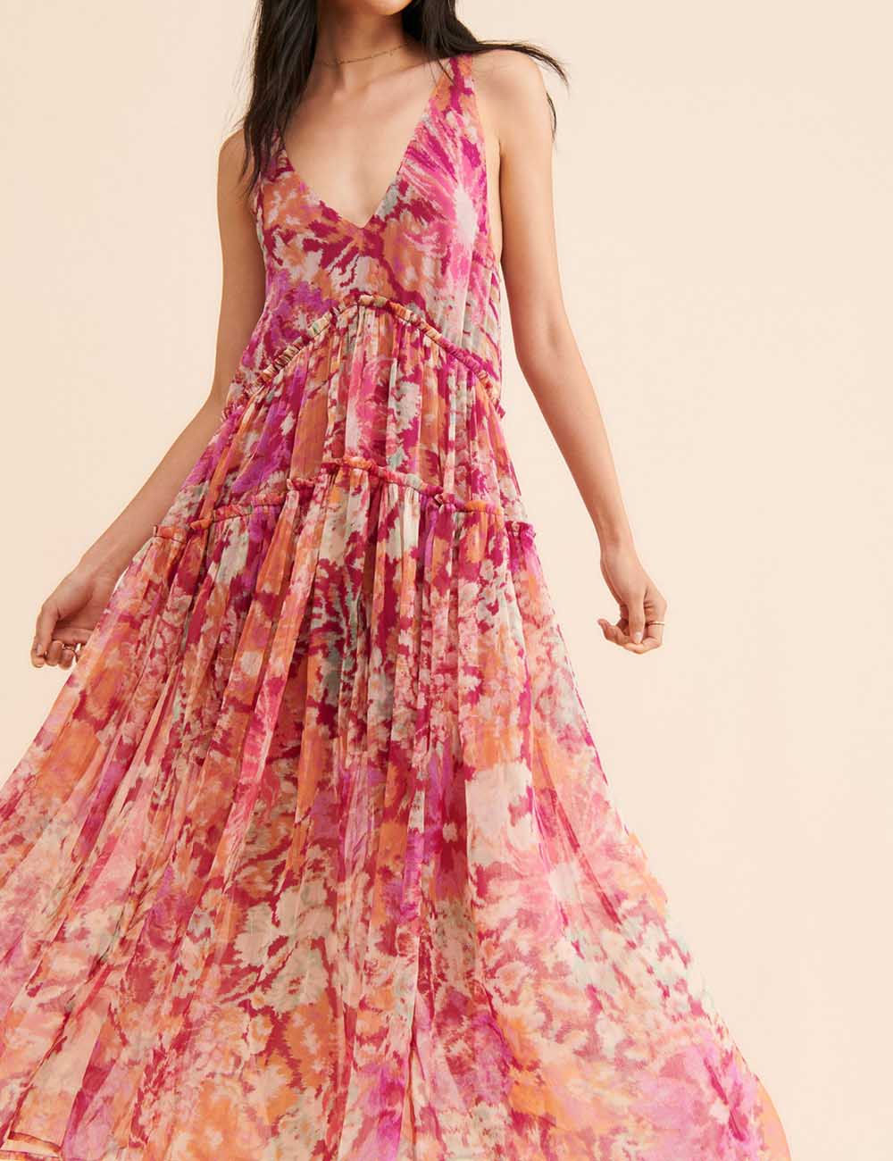 Ladies Floral Print V-Neck Sleeveless Strap Shoulder Maxi Dress