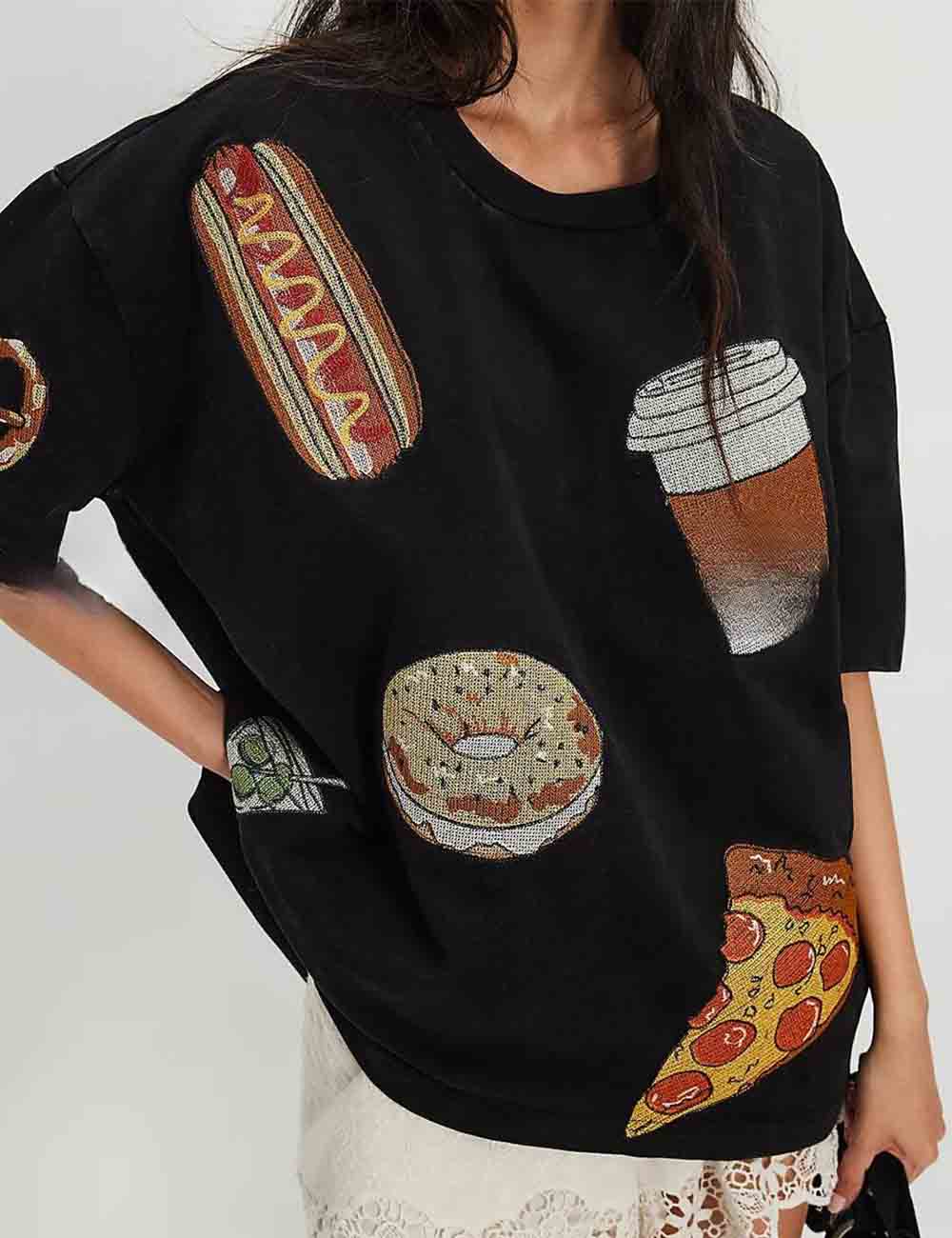 Ladies Round Neck Dinner Party Pattern Short Sleeves Tee