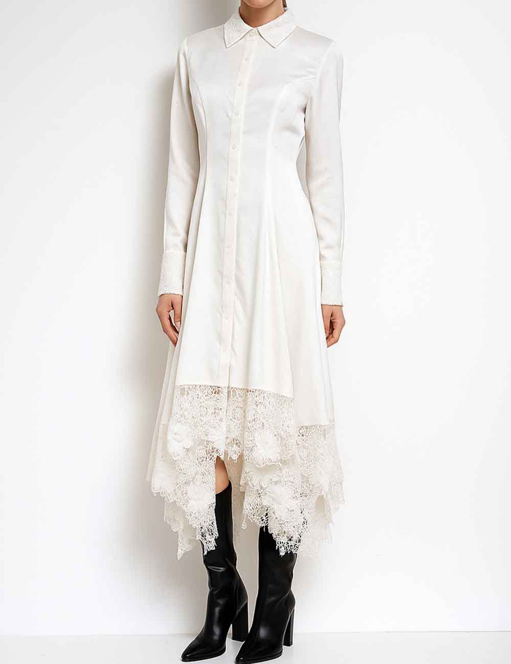 Ladies Floral Lace Sequins Long Sleeves Maxi Shirt Dress