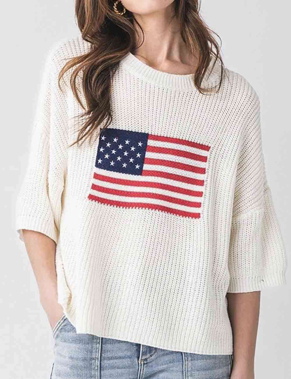 Ladies 4th of July American Flag Short Sleeves Knit Sweater