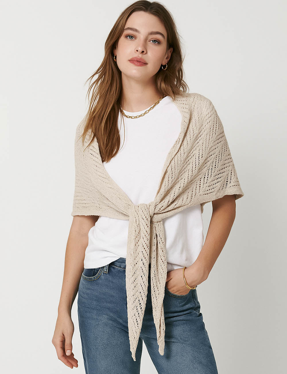 Ladies Solid Color Hollow Out Eyelet Knit Shawl