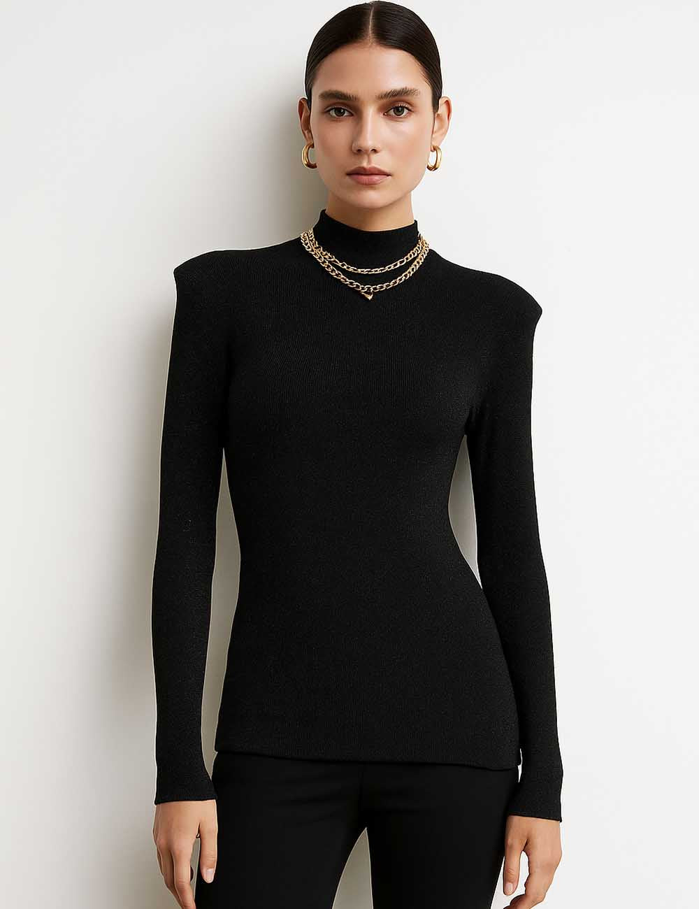 Ladies Shiny Turtleneck Shoulder Pad Knit Layering Top