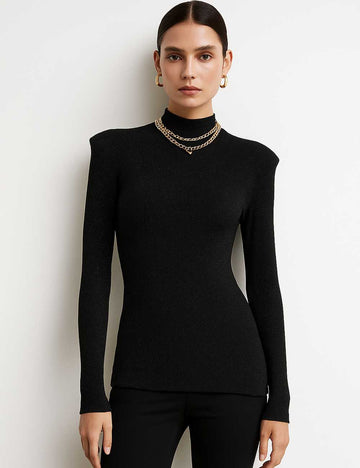 Ladies Shiny Turtleneck Shoulder Pad Knit Layering Top