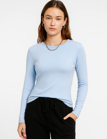 Ladies Solid Color Sheer Round Neck Long Sleeves Layer Top